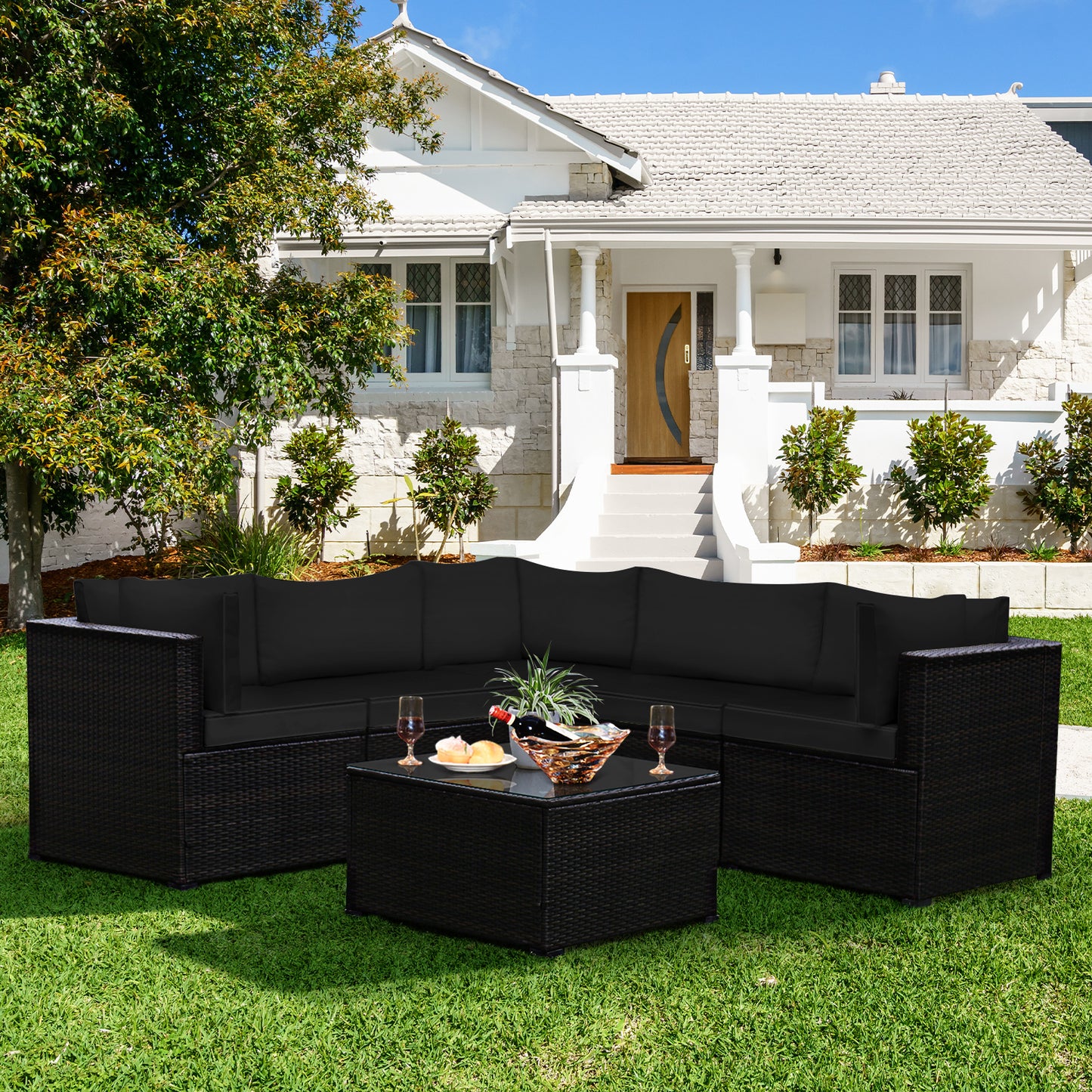 Patiojoy 6 PCS Patio Rattan Furniture Set Outdoor Wicker Conversation Sofa Set w/Tempered Glass Coffee Table Navy/Black/White/Red/Turquoise