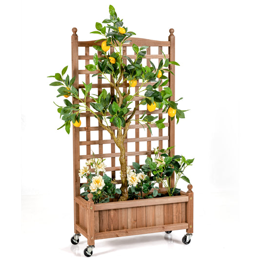 Topbuy 50in Wood Planter Box with Trellis and Wheels Mobile Plant Raised Bed for Indoor&Outdoor