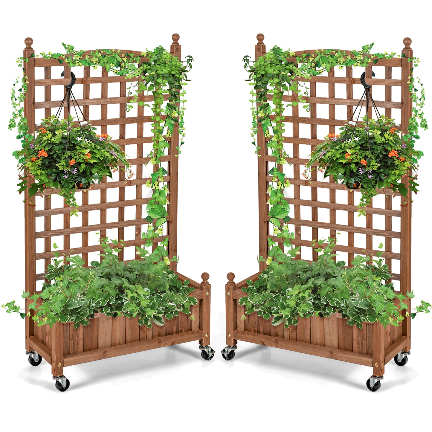 Topbuy 2PC 50in Wood Planter Box with Trellis and Wheels Mobile Plant Raised Bed for Indoor&Outdoor