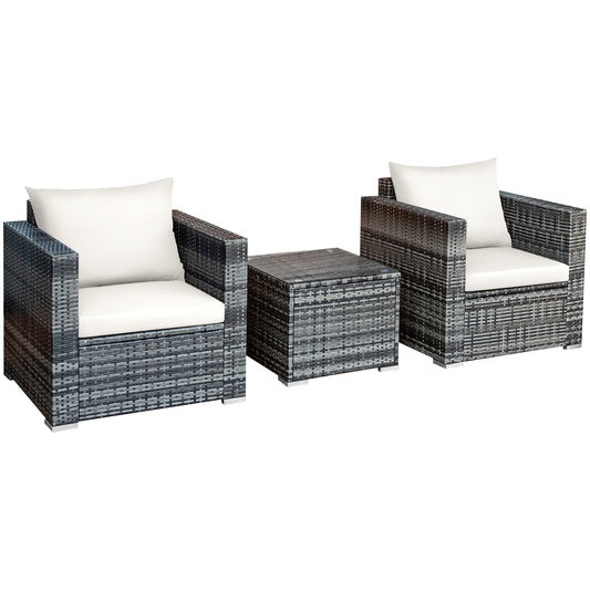 Patiojoy 3-Piece Patio Wicker Conversation Set Bistro Rattan Sofa Chair with Washable Cushion White/Navy/Red