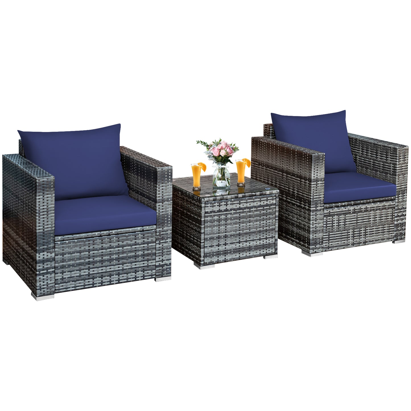 Patiojoy 3-Piece Patio Wicker Conversation Set Bistro Rattan Sofa Chair with Washable Cushion White/Navy/Red