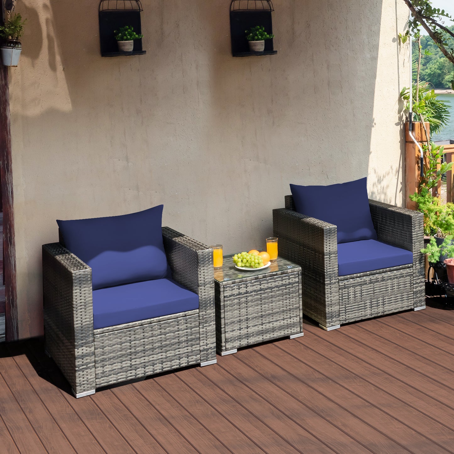 Patiojoy 3-Piece Patio Wicker Conversation Set Bistro Rattan Sofa Chair with Washable Cushion White/Navy/Red