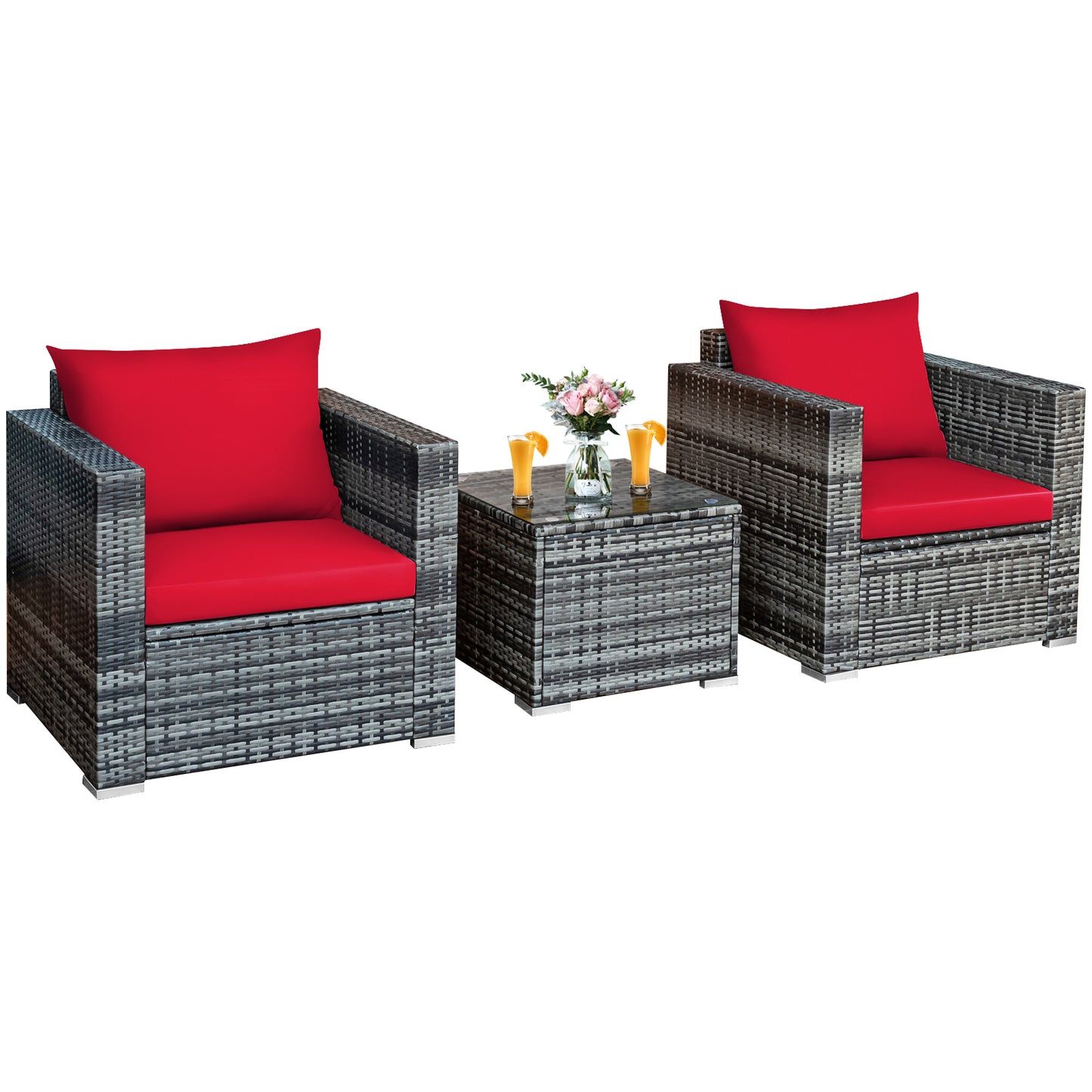 Patiojoy 3-Piece Patio Wicker Conversation Set Bistro Rattan Sofa Chair with Washable Cushion White/Navy/Red