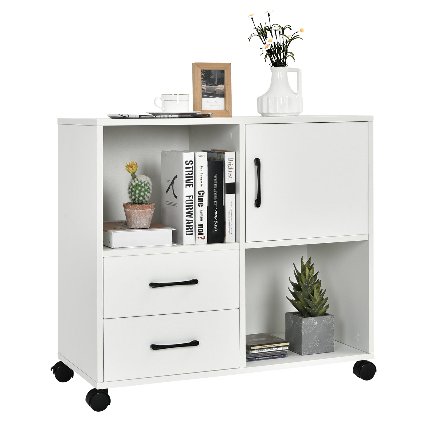 Topbuy Mobile File Cabinet with 2 Drawers Lateral Printer Stand with Shelves Storage Brown/White