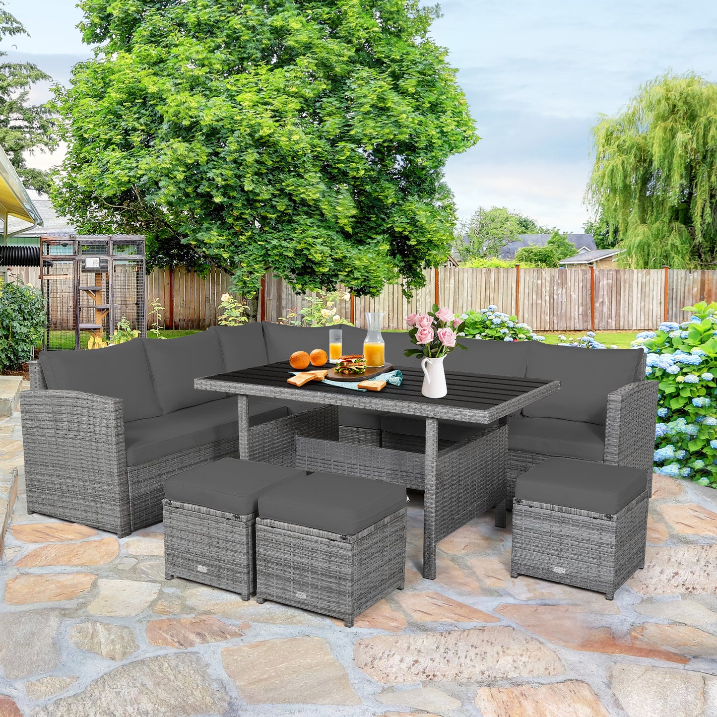 Patiojoy Outdoor Wicker Coversation Set 7 Piece with Black/Red/Turquoise/White/Gray/Navy Cushions