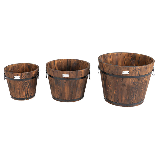 Topbuy 3 PCS Wooden Barrel Planters Patio Plant Container Box Set for Plant Growth Rustic Brown