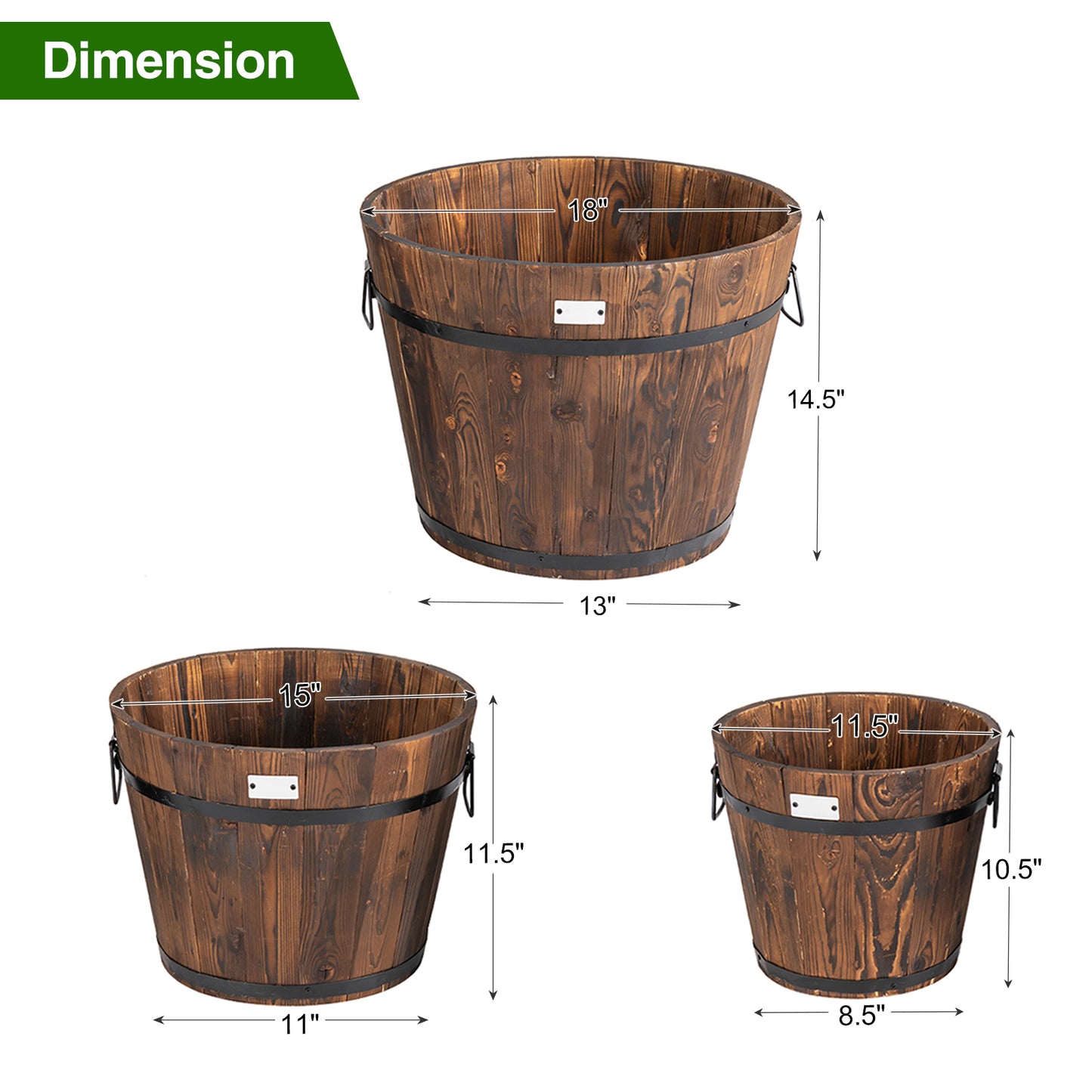 Topbuy 3 PCS Wooden Barrel Planters Patio Plant Container Box Set for Plant Growth Rustic Brown