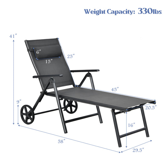 Patiojoy Outdoor Folding Lounge Chair Patio Portable Longer w/Wheels & Adjustable Backrest