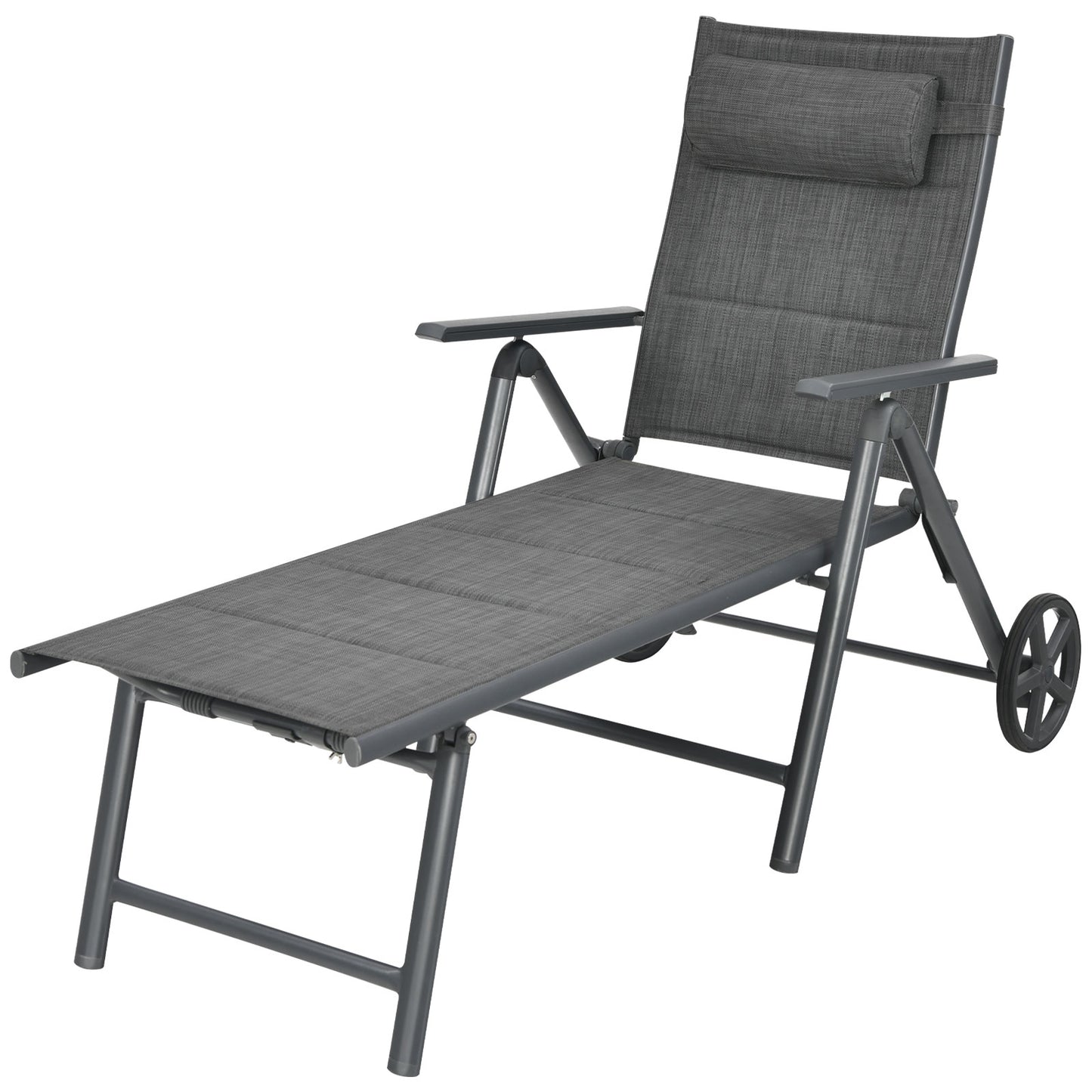 Patiojoy Patio Chaise Lounge Chair Outdoor Reclining Chair w/Neck Pillow & Wheels Gray