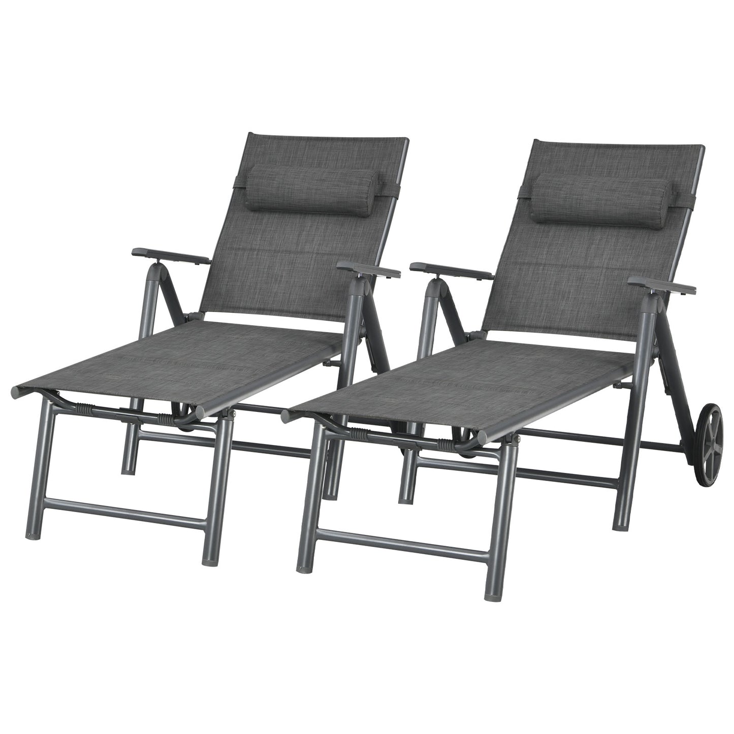 Patiojoy 2 PCS Patio Chaise Lounge Chair Outdoor Reclining Chair w/Neck Pillow & Wheels Gray