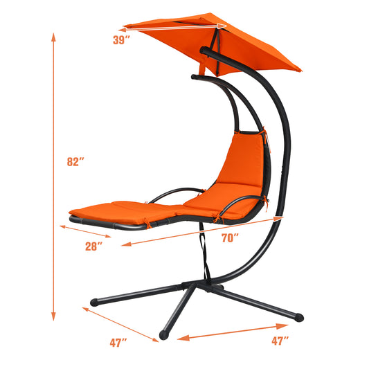 Patiojoy Outdoor Hanging Chaise Lounge Chair Floating Chaise Swing Lounger w/Canopy & Cushion Orange/Turquoise/Gray/Beige