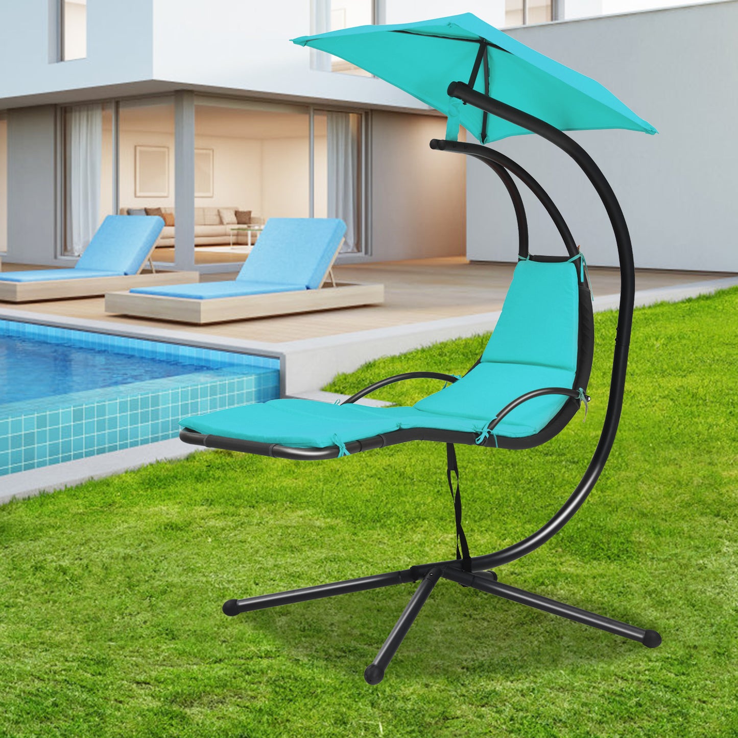 Patiojoy Outdoor Hanging Chaise Lounge Chair Floating Chaise Swing Lounger w/Canopy & Cushion Orange/Turquoise/Gray/Beige