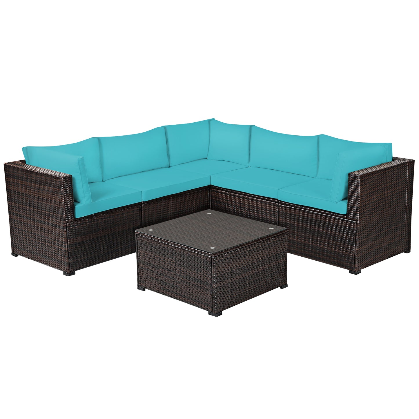 Patiojoy 6 PCS Patio Rattan Furniture Set Outdoor Wicker Conversation Sofa Set w/Tempered Glass Coffee Table Navy/Black/White/Red/Turquoise