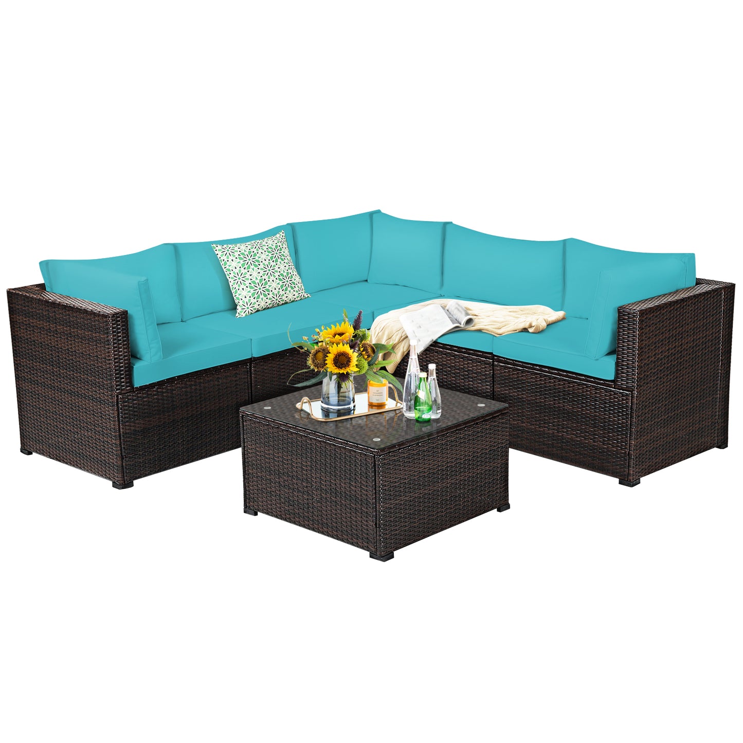 Patiojoy 6 PCS Patio Rattan Furniture Set Outdoor Wicker Conversation Sofa Set w/Tempered Glass Coffee Table Navy/Black/White/Red/Turquoise