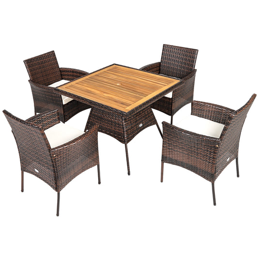 Patiojoy Patio Rattan Conversation Set Outdoor Dining Table & Armchair Set w/Cushions & Umbrella Hole