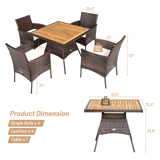 Patiojoy Patio Rattan Conversation Set Outdoor Dining Table & Armchair Set w/Cushions & Umbrella Hole