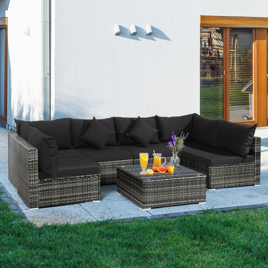 Patiojoy 7 PCS Outdoor Patio Furniture Set All-Weather PE Rattan Sofa Set w/Coffee Table & Cushions Black/Grey/Off Wihte/Red/Navy/Turquoise