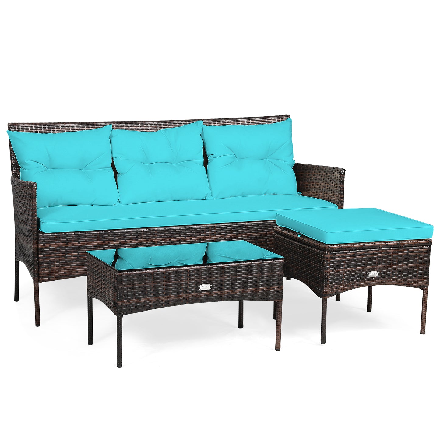 Patiojoy 3 PCS Patio Furniture Set Outdoor All Weather Wicker Conversation Set w/Cushioned Ottoman & Side Table White/Turquoise/Gray