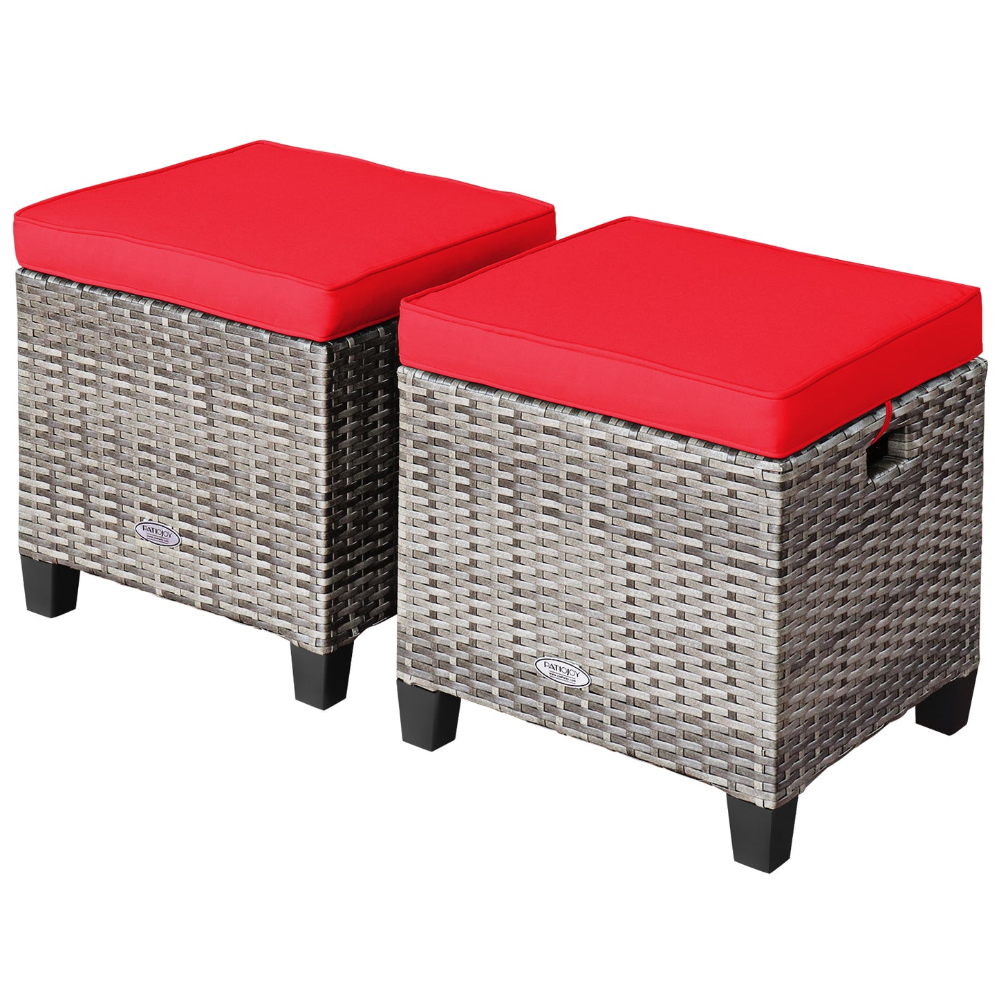 Patiojoy Set of 2 Outdoor Rattan Cushioned Ottoman Seat All Weather Patio Footrest Red/Turquoise/White/Navy