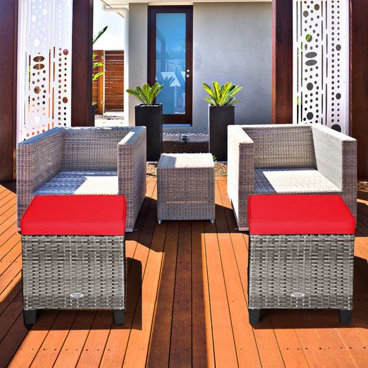 Patiojoy Set of 2 Outdoor Rattan Cushioned Ottoman Seat All Weather Patio Footrest Red/Turquoise/White/Navy