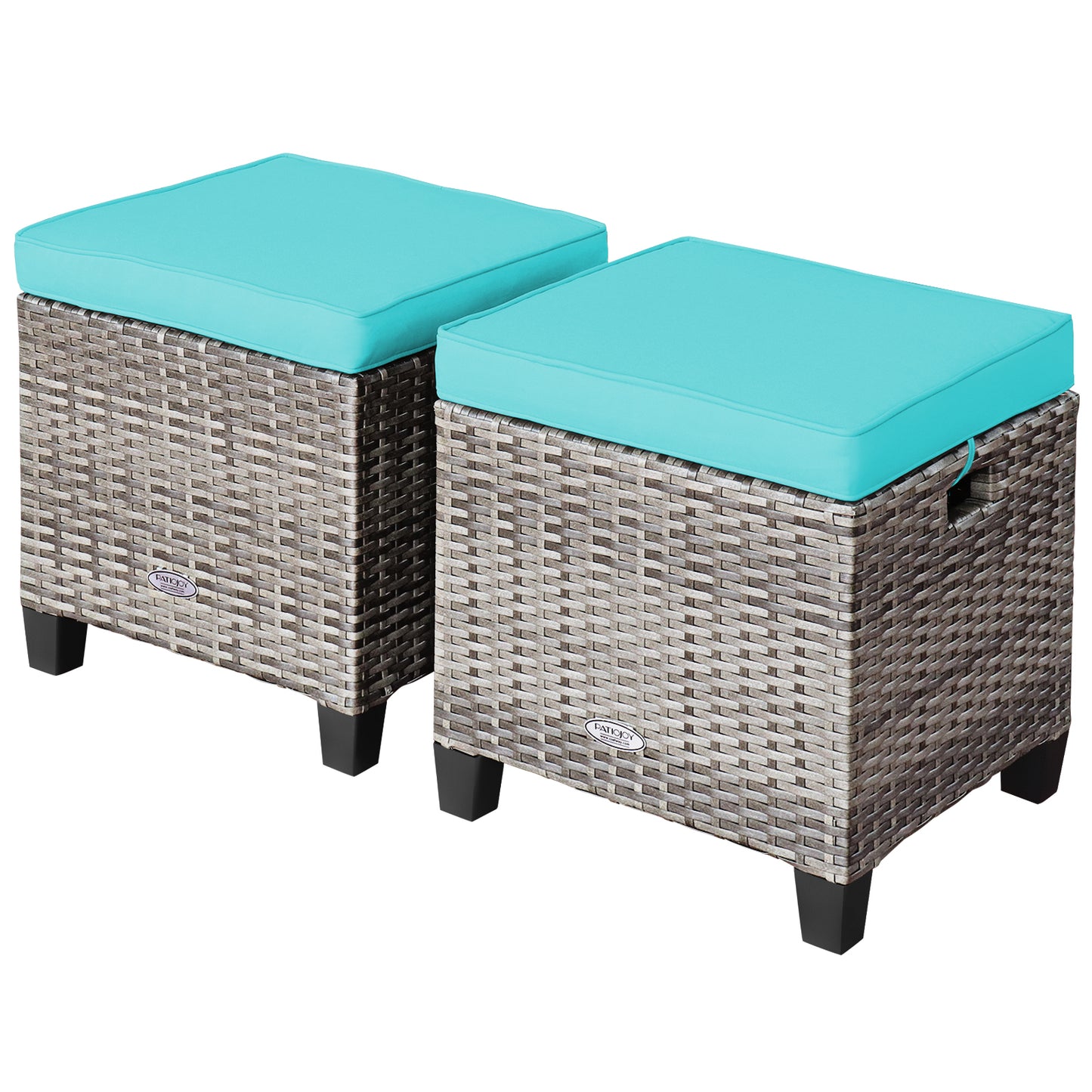 Patiojoy Set of 2 Outdoor Rattan Cushioned Ottoman Seat All Weather Patio Footrest Red/Turquoise/White/Navy