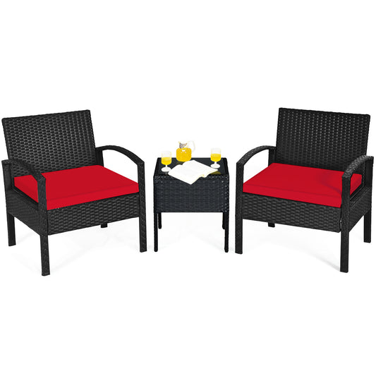 Patiojoy 3 Pieces Patio Set Outdoor Wicker Rattan Furniture w/ Cushions Red