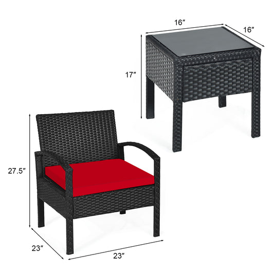 Patiojoy 3 Pieces Patio Set Outdoor Wicker Rattan Furniture w/ Cushions Red