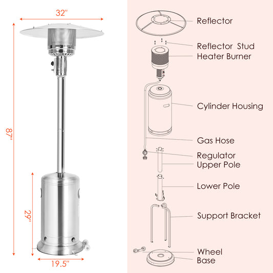 Patiojoy Outdoor 48000 BTU Standing Heater LP Propane Heater w/Wheels Silver/Black/Bronze/Gray