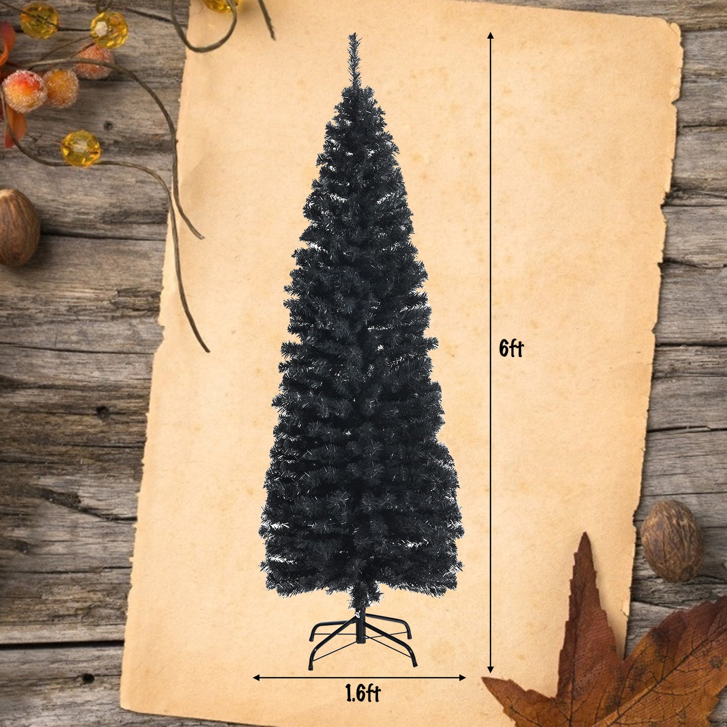 Topbuy 6FT Artificial Full Black Christmas Tree Slim Pencil Tree Seasonal Holiday Decoration for Home Office & Party