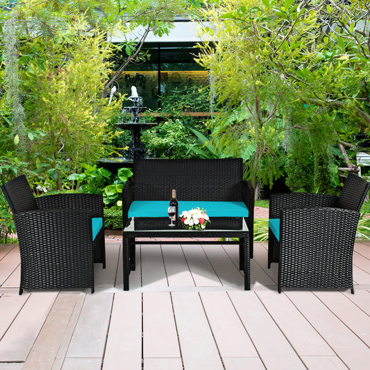 Patiojoy 4 Piece Outdoor Patio Rattan Furniture Set Turquoise Cushioned Seat For Garden, porch, Lawn