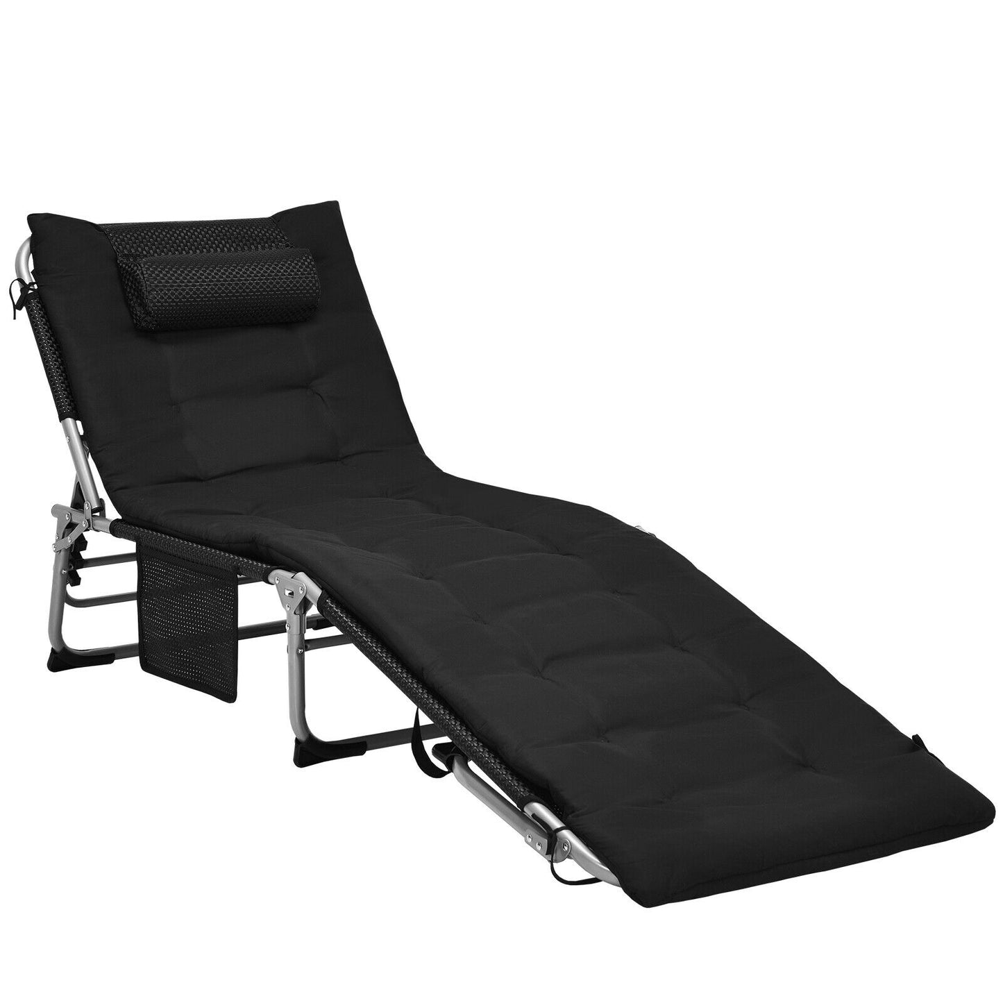 Patiojoy 4-Level Oversize Folding Chaise Lounge Adjustable Outdoor Beach with Removable Cushion Black/Beige