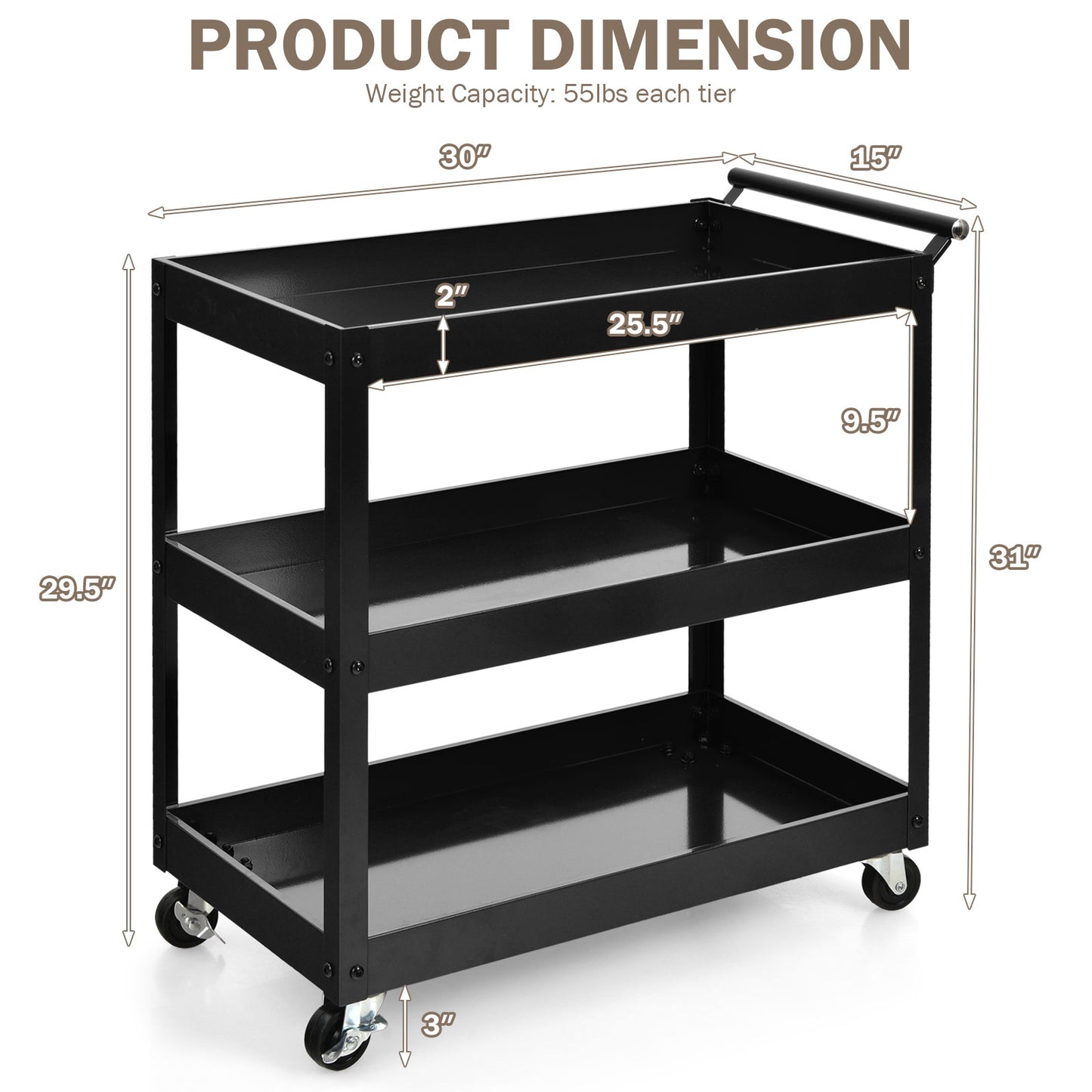 Topbuy 3-Tier Rolling Cart Storage Organizer Metal Utility Cart w/Wheels for Kitchen Library Office Black