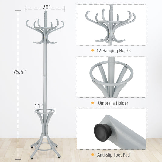 Topbuy Free Standing Coat Rack Solid Wood Cat Tree w/12 Hooks & Umbrella Holder Grey