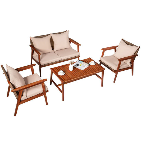 Patiojoy 4PCS Patio Outdoor Rattan Furniture Set Acacia Wood Frame Conversation Set w/Coffee Table Brown/Navy/Red