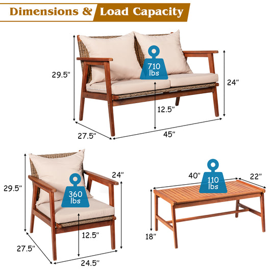 Patiojoy 4PCS Patio Outdoor Rattan Furniture Set Acacia Wood Frame Conversation Set w/Coffee Table Brown/Navy/Red