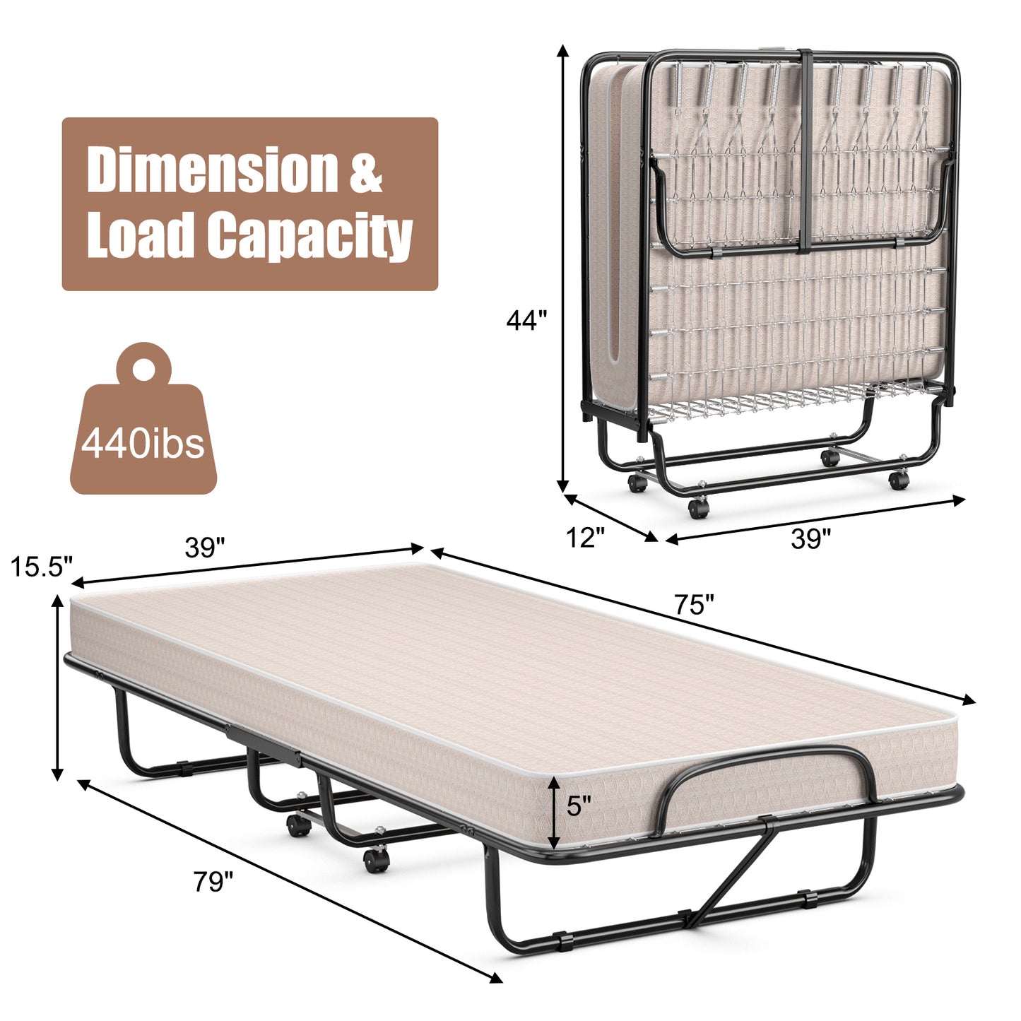 Topbuy Folding Bed Frame Portable Guest Bed with Wheels & Thick Memory Foam for Spare Bedroom Office Beige