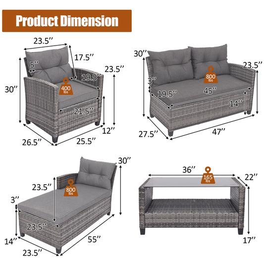 Patiojoy 4PCS Patio Rattan Furniture Set Outdoor Wicker Sofa Loveseat Set w/Extra Cushion Gray