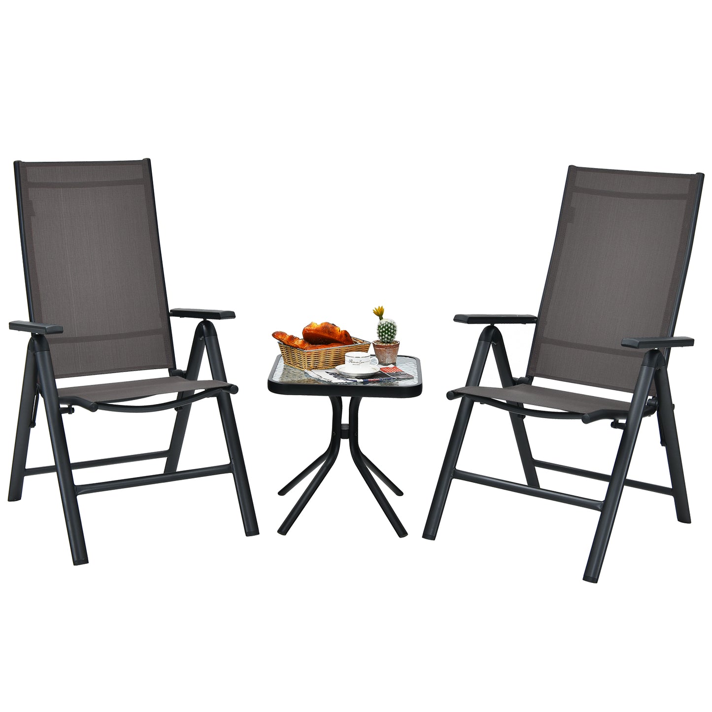 Topbuy 3PCS Patio Bistro Set Outdoor Dining Furniture Set w/2 Folding Chairs & Tempered Glass Table