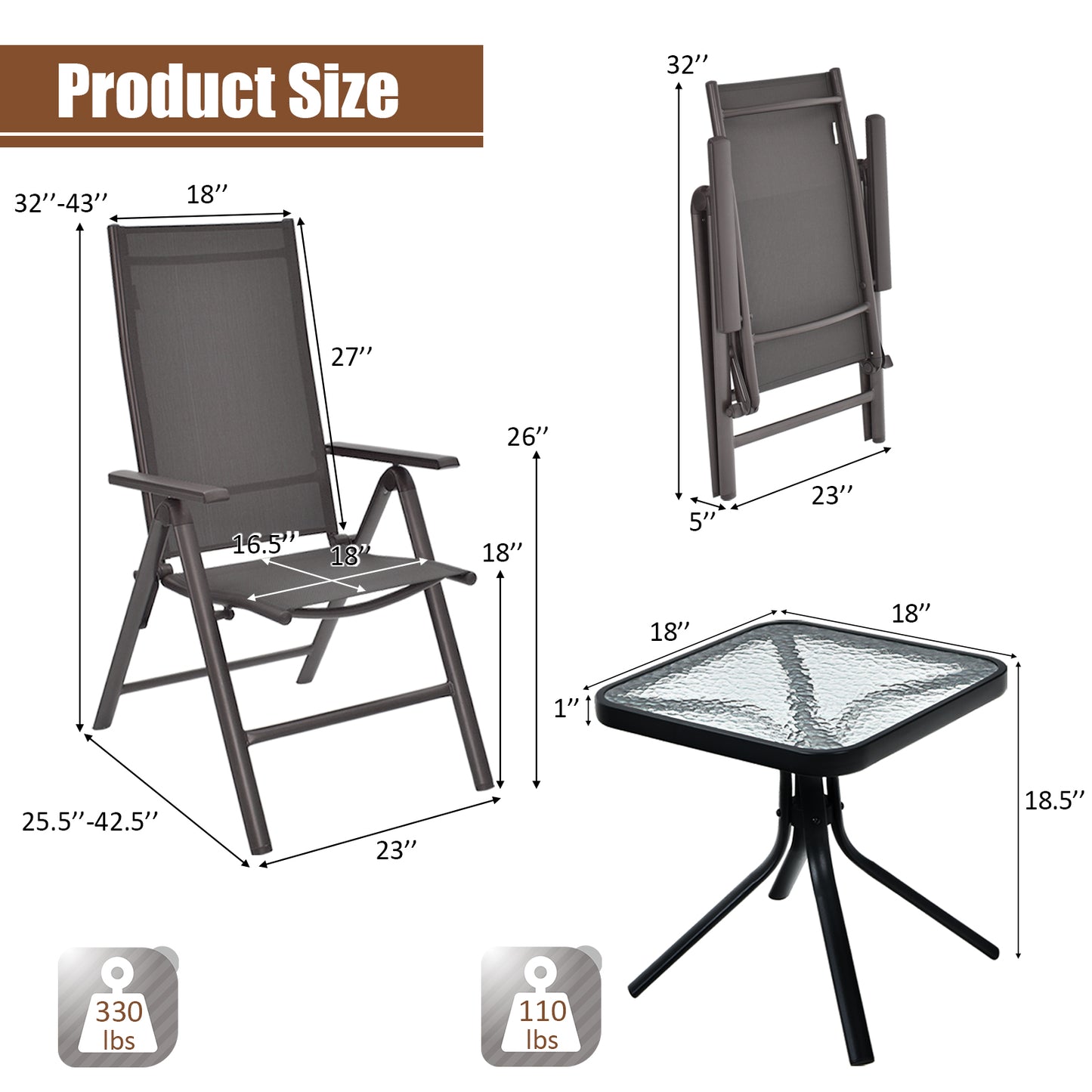 Topbuy 3PCS Patio Bistro Set Outdoor Dining Furniture Set w/2 Folding Chairs & Tempered Glass Table