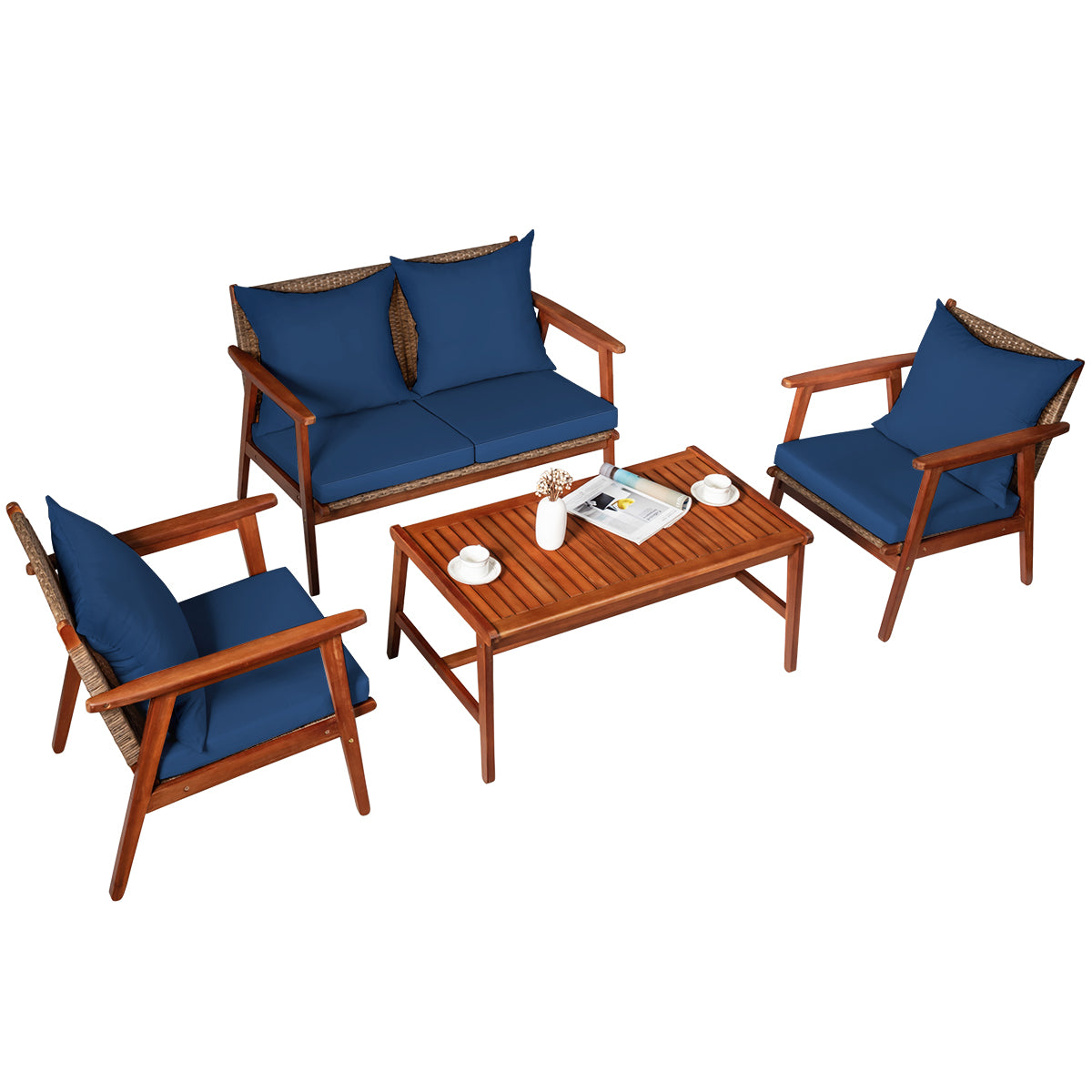 Patiojoy 4PCS Patio Outdoor Rattan Furniture Set Acacia Wood Frame Conversation Set w/Coffee Table Brown/Navy/Red