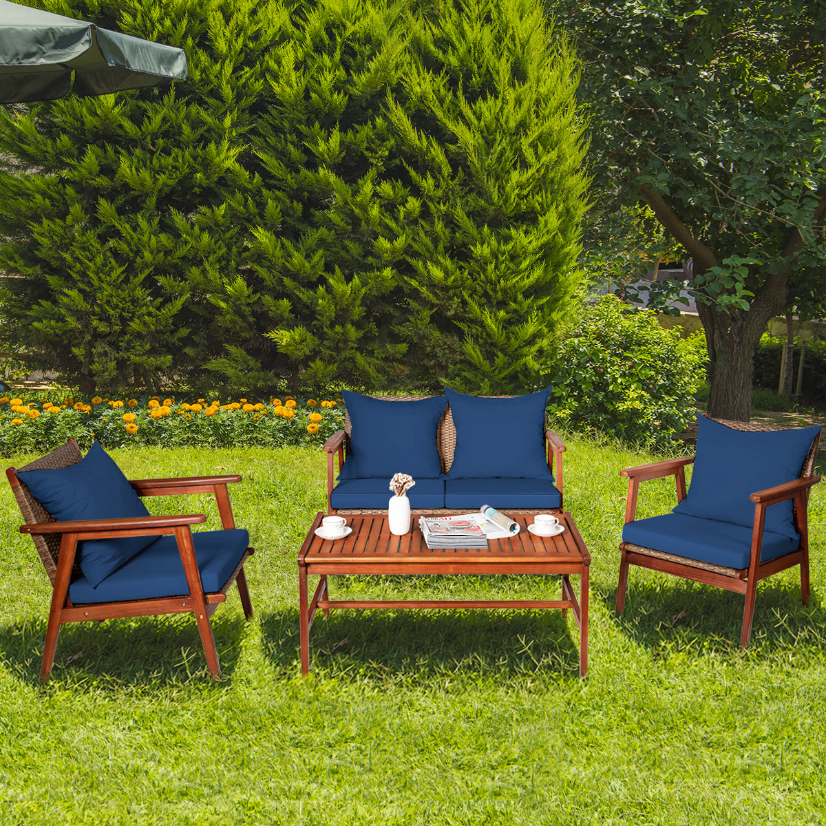 Patiojoy 4PCS Patio Outdoor Rattan Furniture Set Acacia Wood Frame Conversation Set w/Coffee Table Brown/Navy/Red