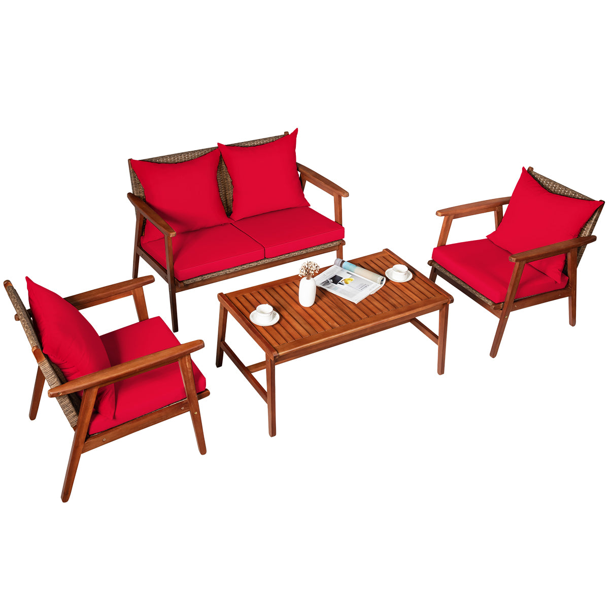 Patiojoy 4PCS Patio Outdoor Rattan Furniture Set Acacia Wood Frame Conversation Set w/Coffee Table Brown/Navy/Red