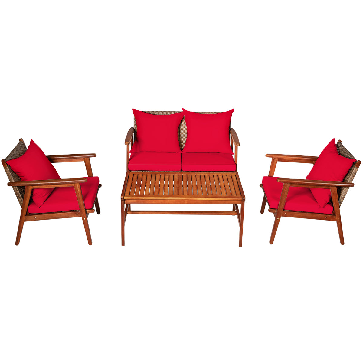 Patiojoy 4PCS Patio Outdoor Rattan Furniture Set Acacia Wood Frame Conversation Set w/Coffee Table Brown/Navy/Red