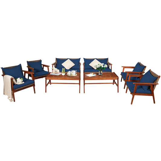 Patiojoy 8PCS Patio Outdoor Rattan Furniture Set Acacia Wood Frame Conversation Set w/Coffee Table Navy/Red