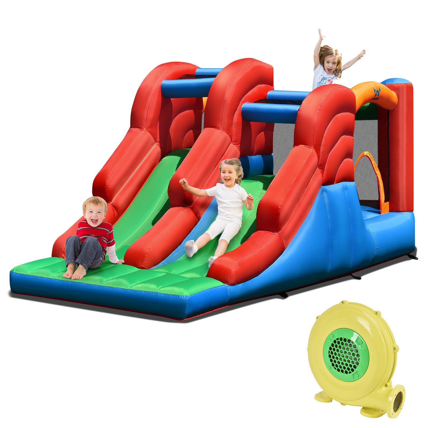 Topbuy 3-in-1 Inflatable Double Slide Bounce House Jumping Castle Indoor&Outdoor Bouncy Castle with Blower