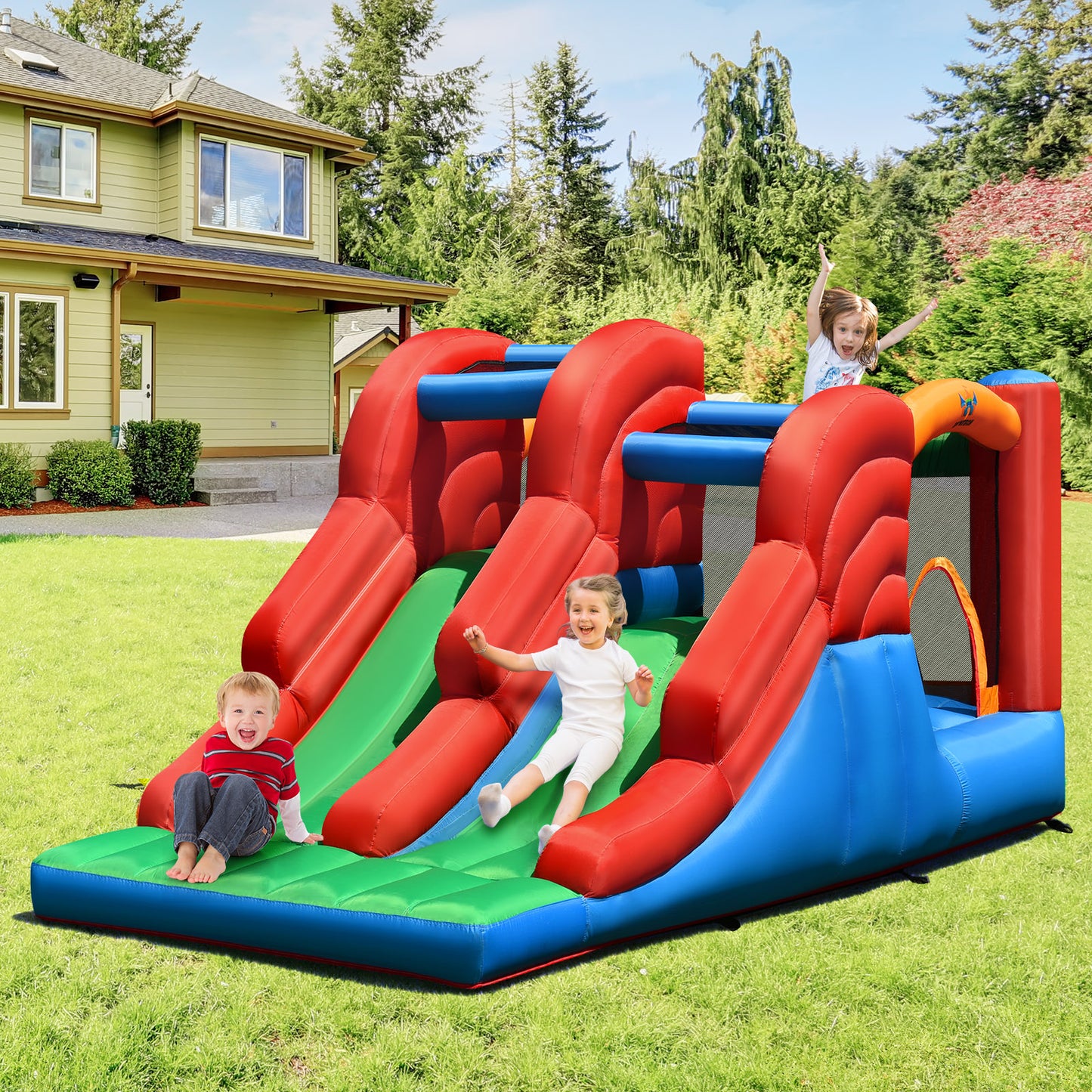 Topbuy 3-in-1 Inflatable Double Slide Bounce House Jumping Castle Indoor&Outdoor Bouncy Castle with Blower