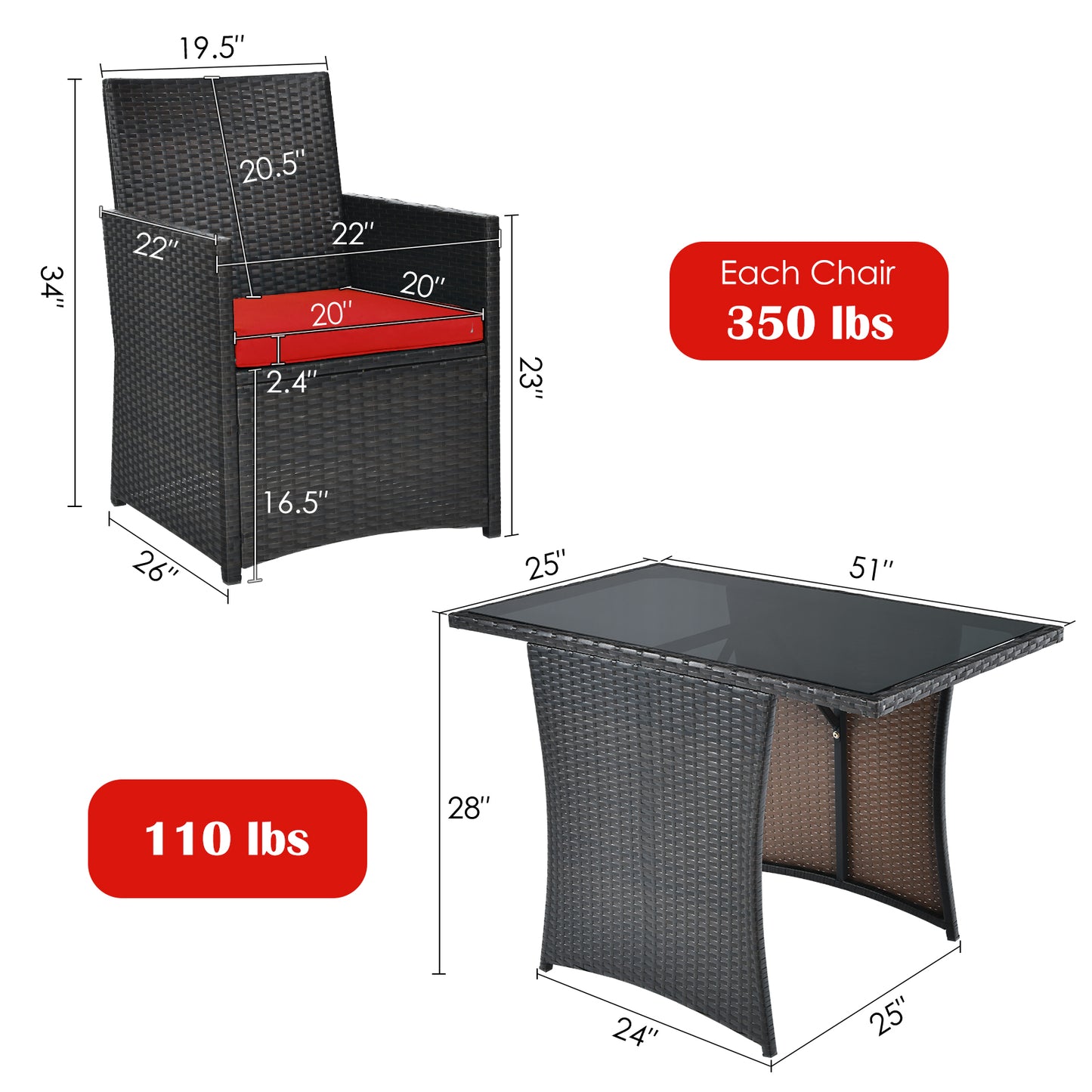 Patiojoy 3PCS Patio Rattan Dining Set Space-Saving Furniture Set with Tempered Glass Top Table and Cushioned Chairs