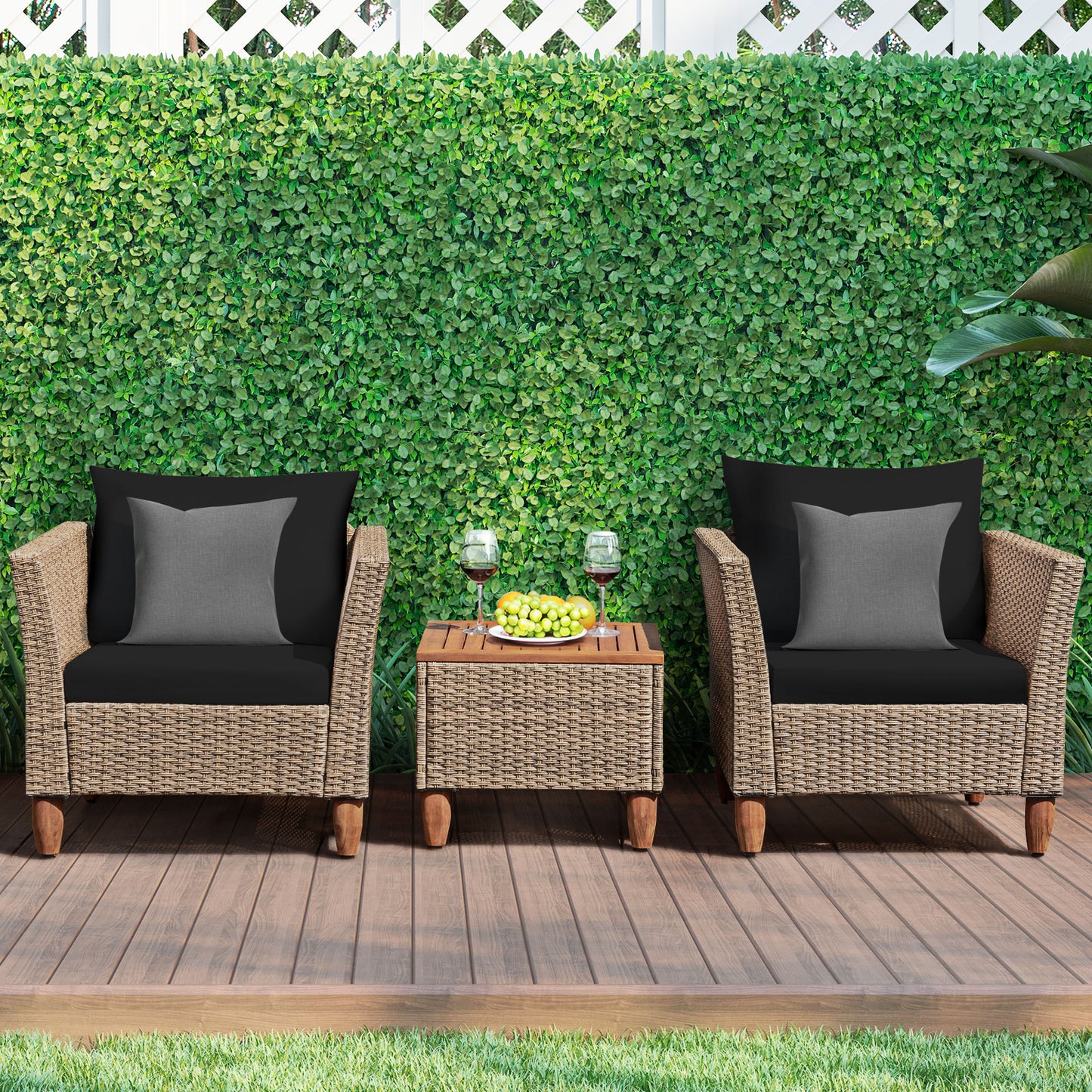 Patiojoy 3 Piece Outdoor Rattan Sofa Set Wicker Conversation Furniture Set with Black/Red/Turquoise/Navy Cushions