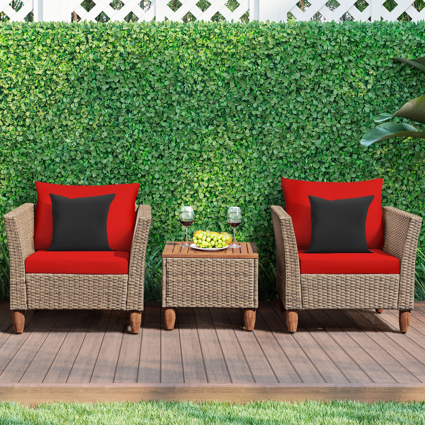 Patiojoy 3 Piece Outdoor Rattan Sofa Set Wicker Conversation Furniture Set with Black/Red/Turquoise/Navy Cushions