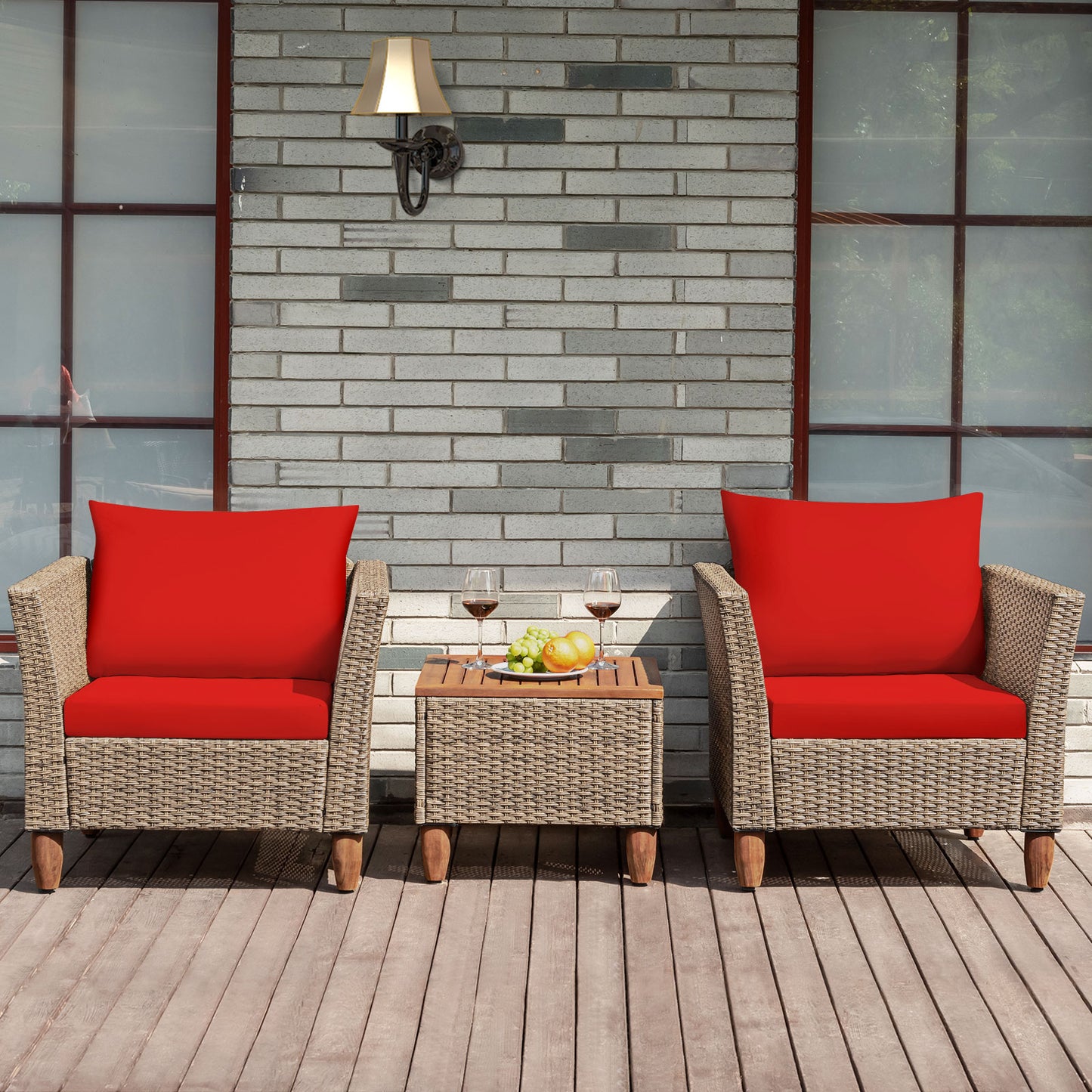 Patiojoy 3 Piece Outdoor Rattan Sofa Set Wicker Conversation Furniture Set with Black/Red/Turquoise/Navy Cushions